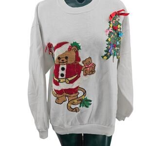 Vintage 90's Jerzees Christmas Holiday Santa Bear Patched Sweatshirt L 3856
